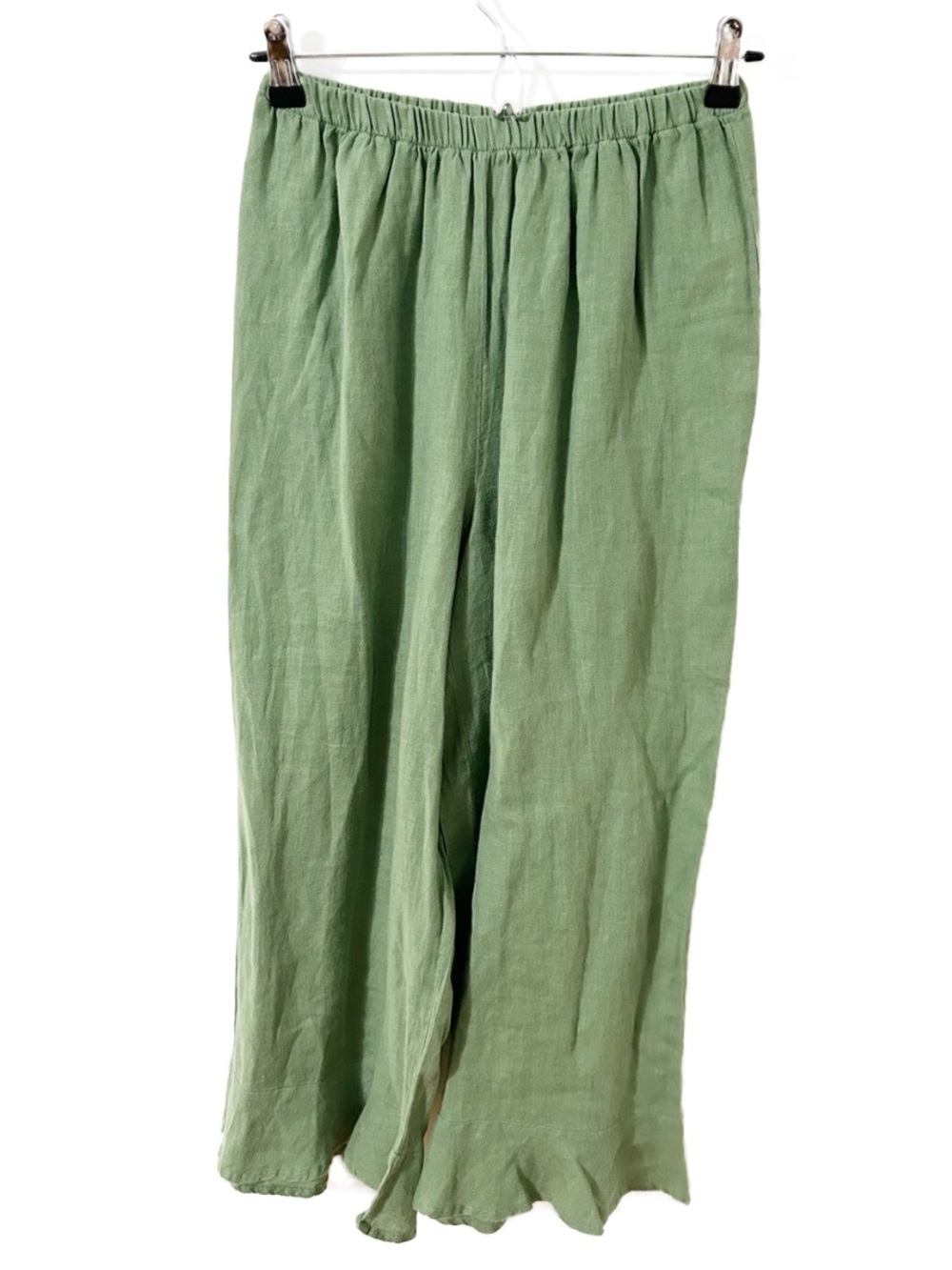 FLAX 100% Linen Elastic Waist Pants Extra Small 4-6 Soft Sage Green Ruffled Hem